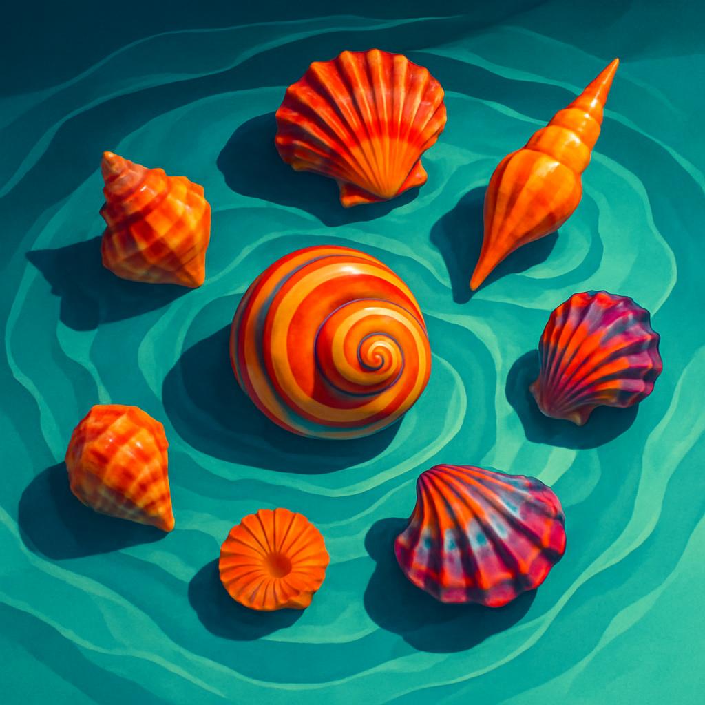 An assortment of eight colored seashells arranged on a water surface featuring varying shades of green, with a shadow cast...