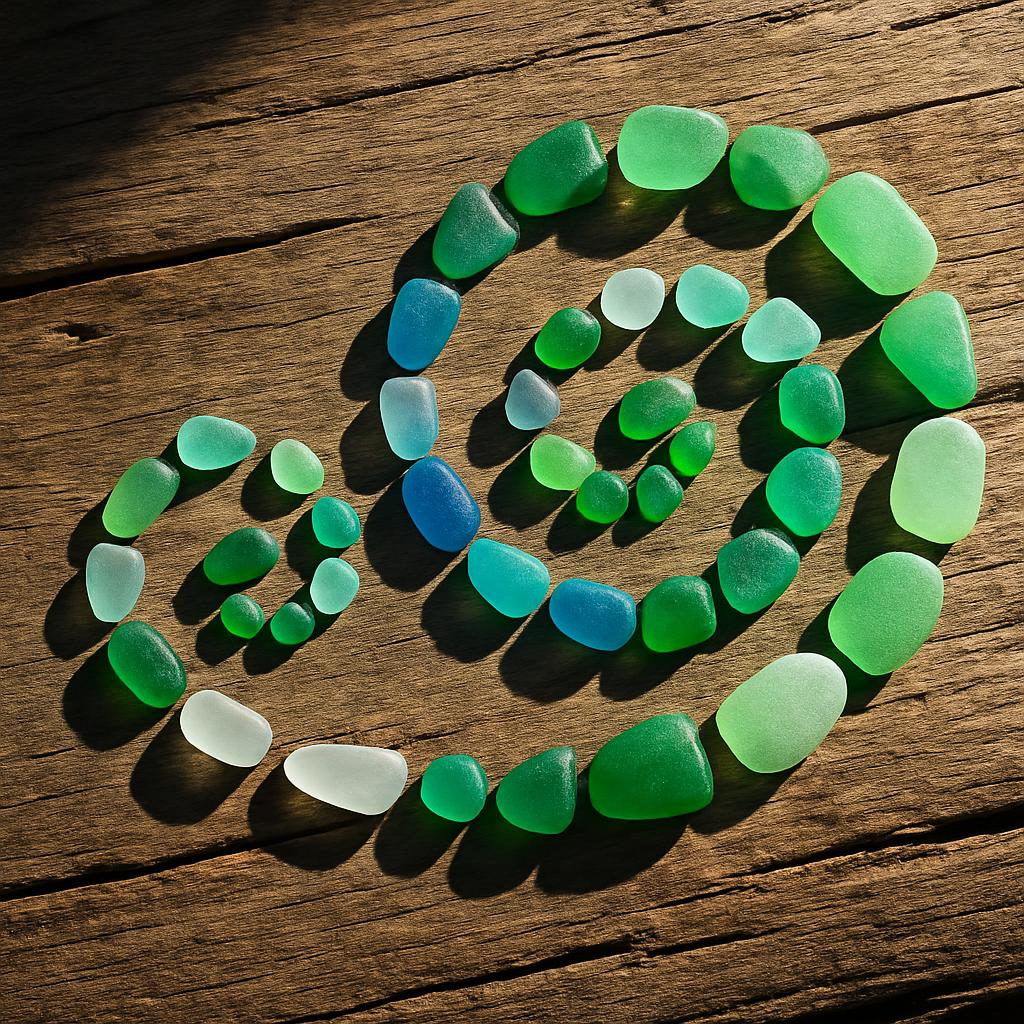 The alt text for the above image reads: A spiral of sea glass in various shades of green and blue.