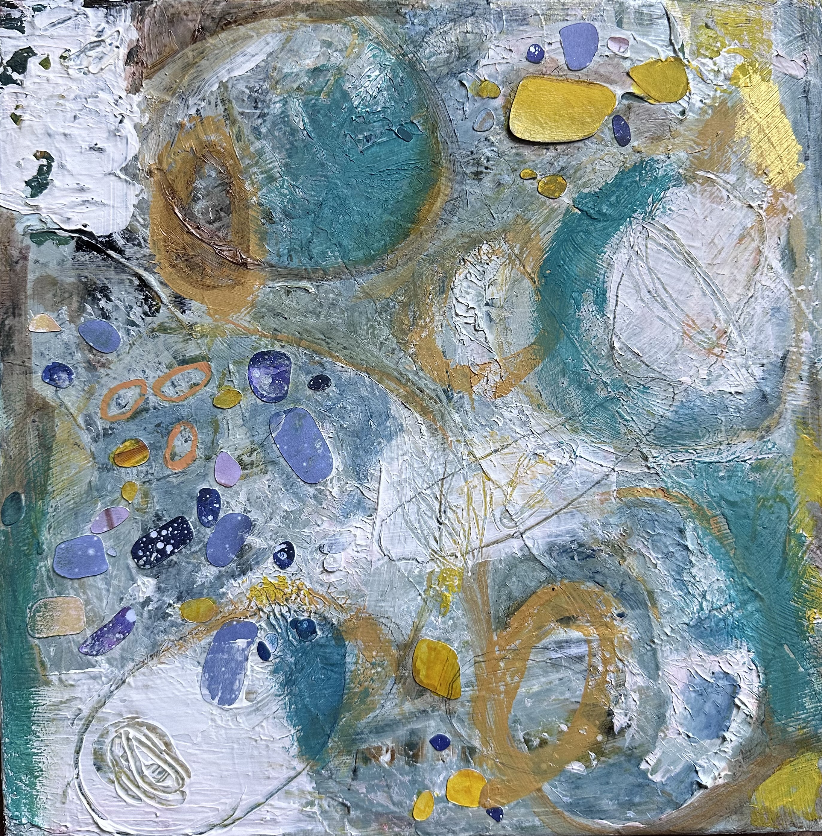 An image of a beach boardwalk, ocean and sky minimalistic illustration with abstract smoke.